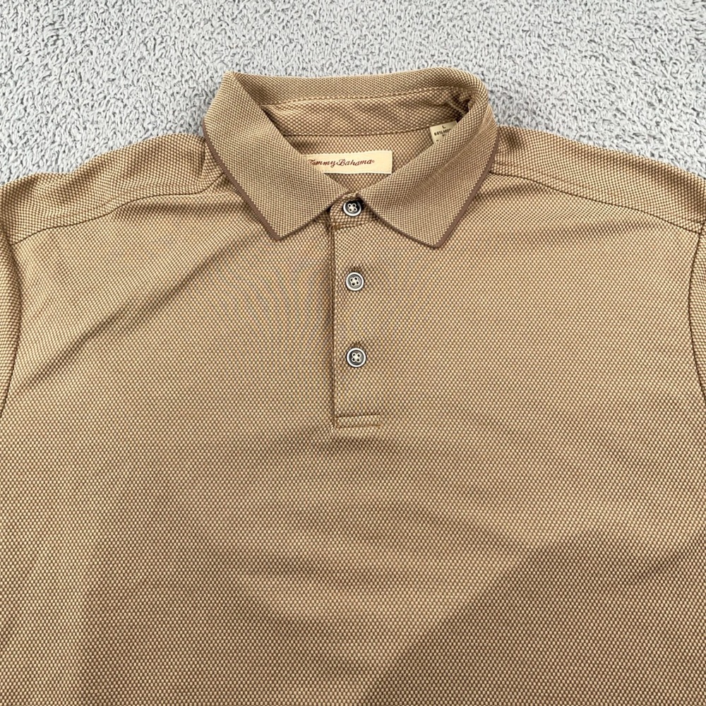 Tommy Bahama Polo Shirt Mens Large Tan Brown Textured Modal Golf Short Sleeve